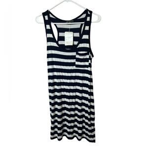 One Clothing Women's Sleeveless Racerback Striped Front Pocket Navy Stripe Dress